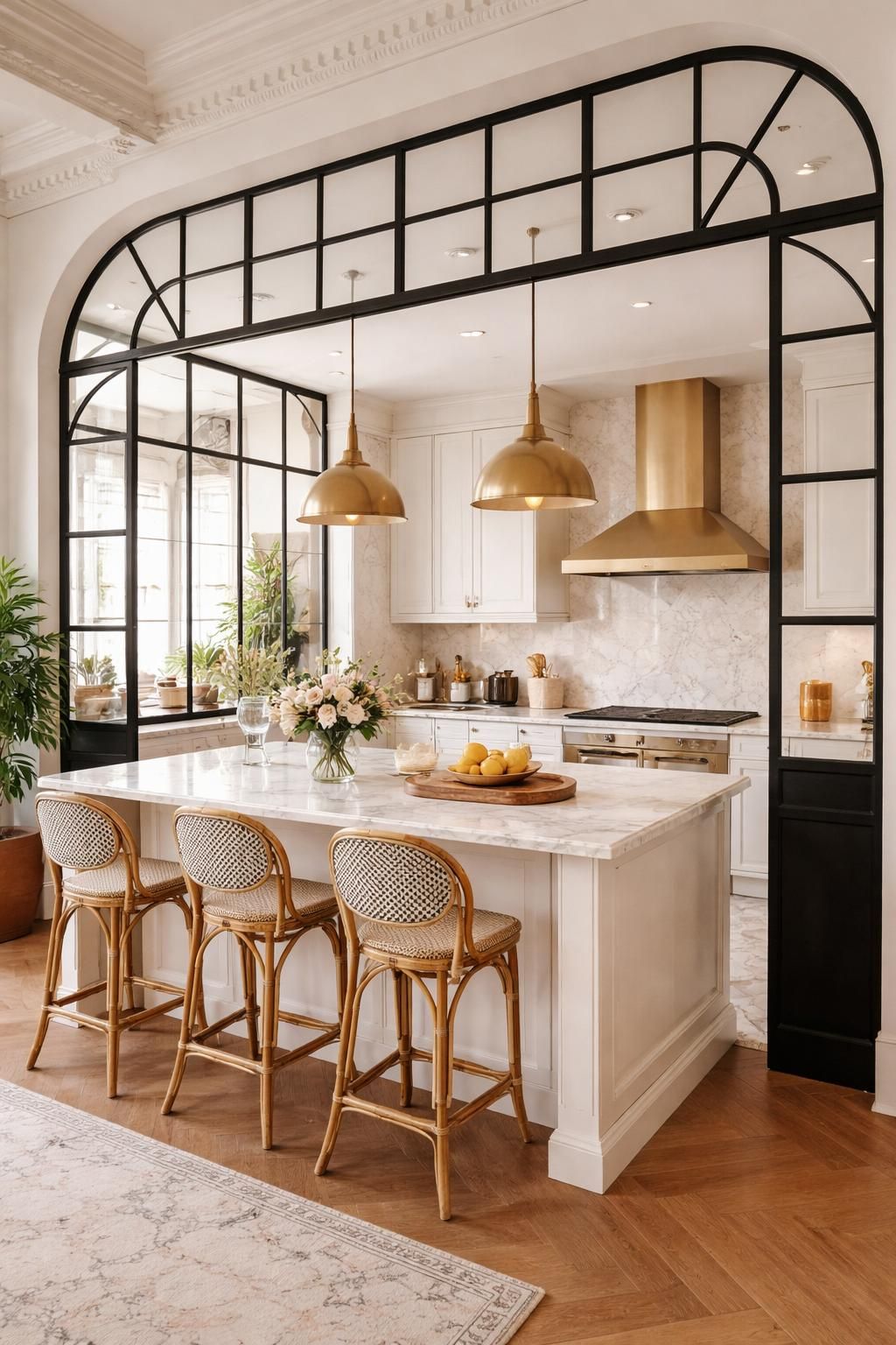 transformez votre cuisine en un charmant café parisien avec une verrière élégante et un plan de travail en marbre, alliant style et fonctionnalité pour un espace convivial et raffiné.