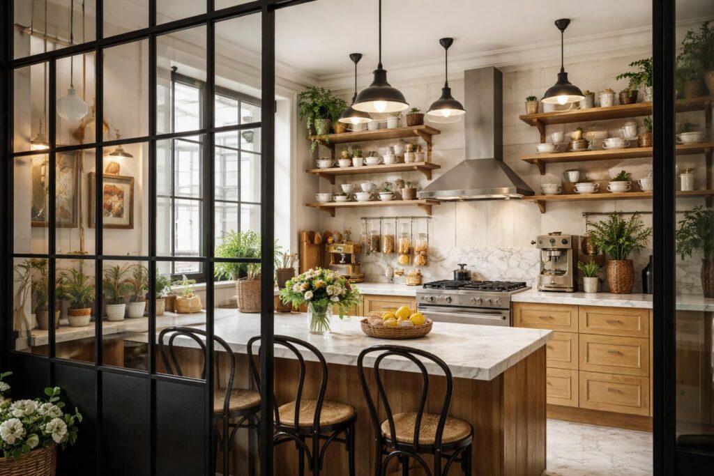 transformez votre cuisine avec une ambiance café parisien : intégrez une verrière élégante et un plan de travail en marbre pour un style à la fois chic et convivial.