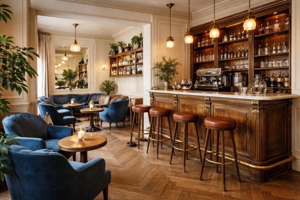 transformez votre maison en café parisien authentique grâce à un comptoir vintage et des assises confortables pour une ambiance chaleureuse et élégante.